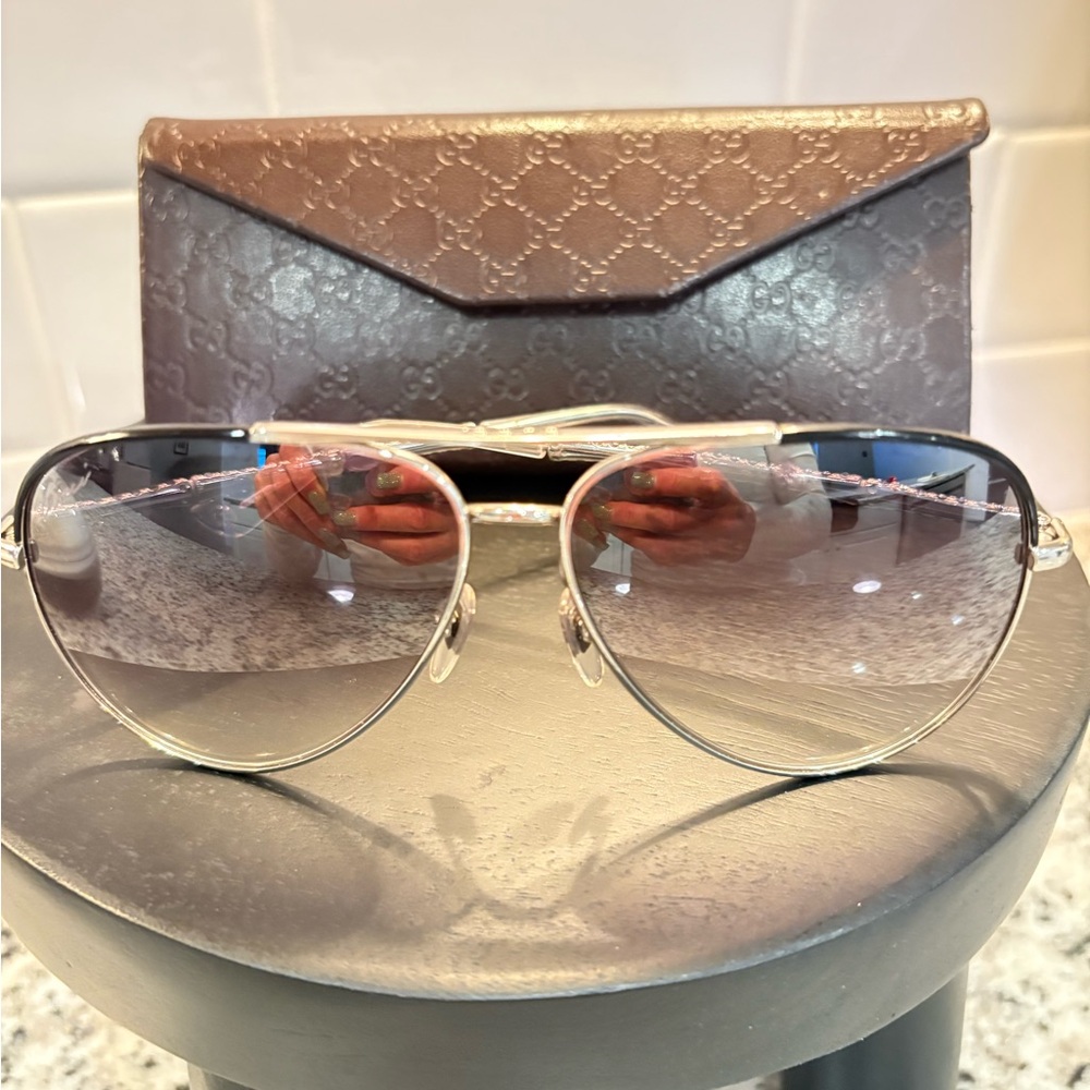 Gucci Silver Aviator Sunglasses with Brown Case
